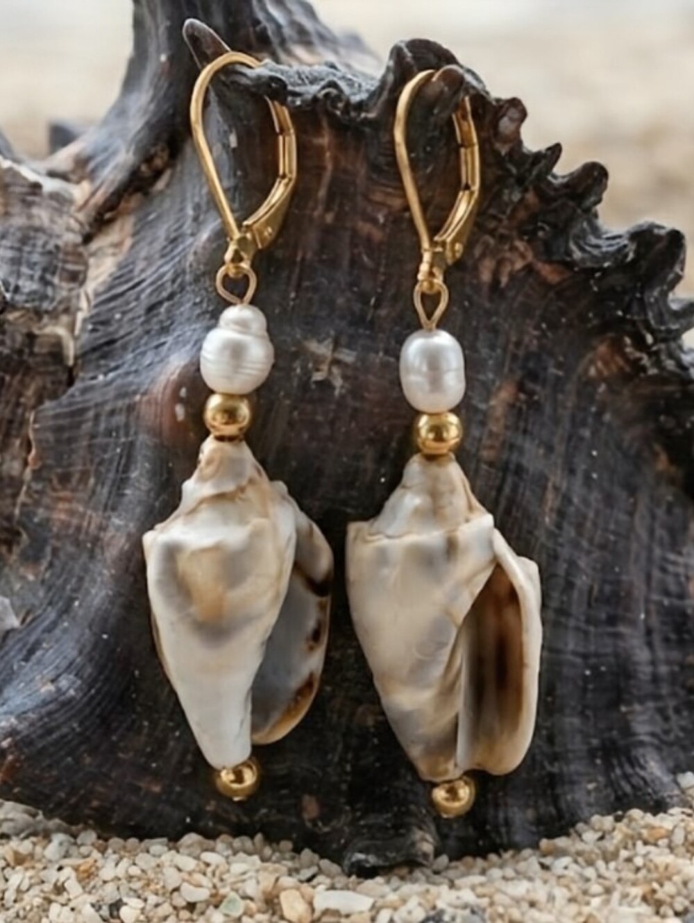 Natural Sea Shell And Freshwater Pearl In Drop Gold Plated